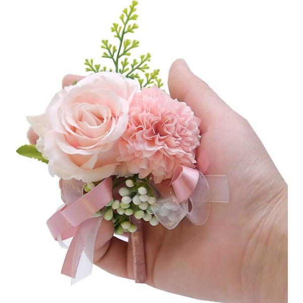 Rose Flower Wrist Boutonniere Set Handgjorda konstgjorda Set Brud Hand Blomma Män Boutonniere För Bröllopsfest Baldekorationer (rosa)