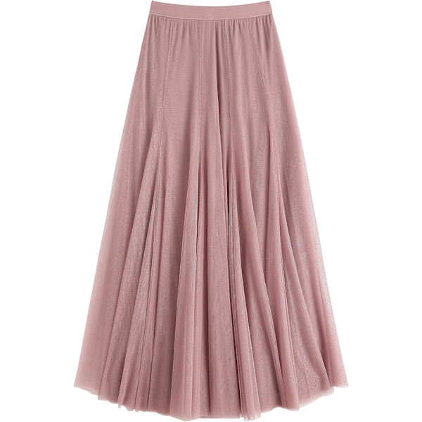 Tyllkjol dam Elastisk hög midja Layered Plisserad Mesh Flowy A-linje kjol