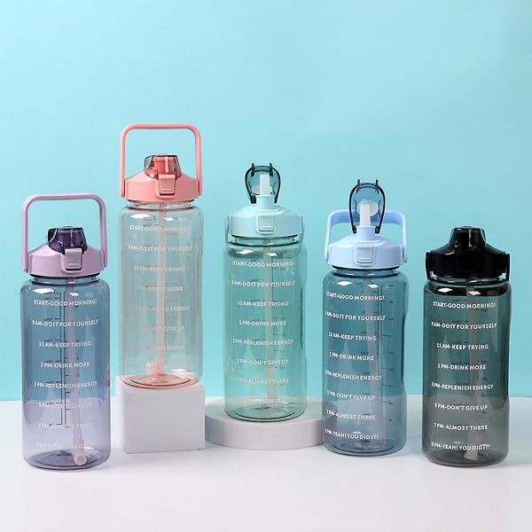 2 liters vattenflaska med sugrör Kvinnliga flickor Stora bärbara reseflaskor Sport Hfmqv Blue