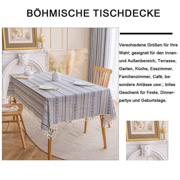 140*200cm, Boheemi puuvilla-pellavapöytäliina tupsuilla