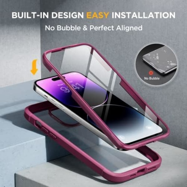 Miracase Glass Series Designad för iPhone 14 Pro Max Case 6,7 tum, [2023 Upgrade] Bumper Case med inbyggd 9H härdat glas Scr Wine Red