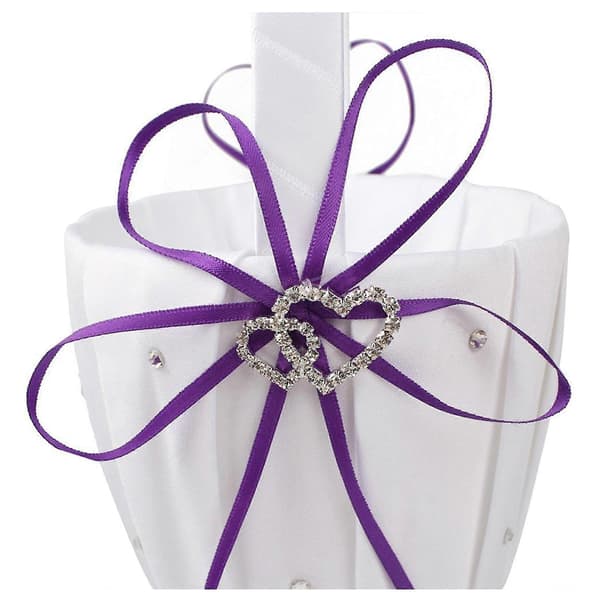 2x Dubbla Hjärtformade Bröllopsblomsterflickebaskets Vit Satin Rhinestone Dekoration Lila Bröllopsfest Favorit