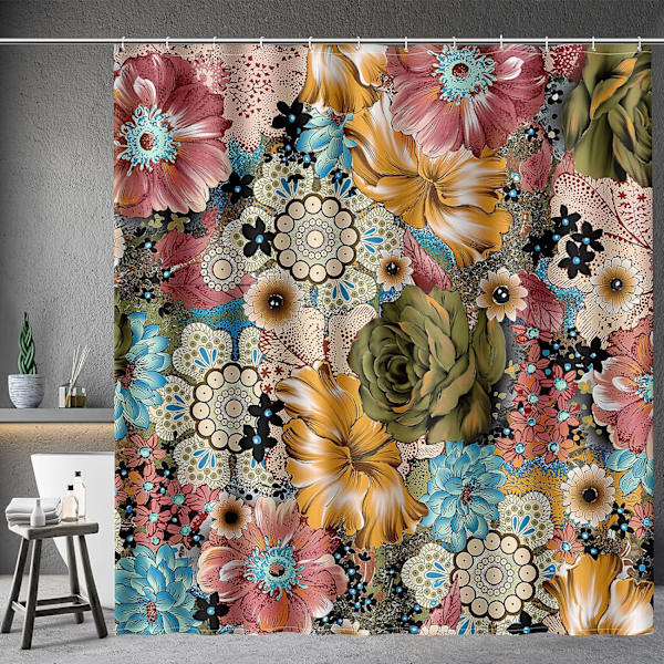 Boho Floral duschdraperi Flerfärgade blommor printed bohemiska etniska set med 12 krokar för badrum, 72"×72"