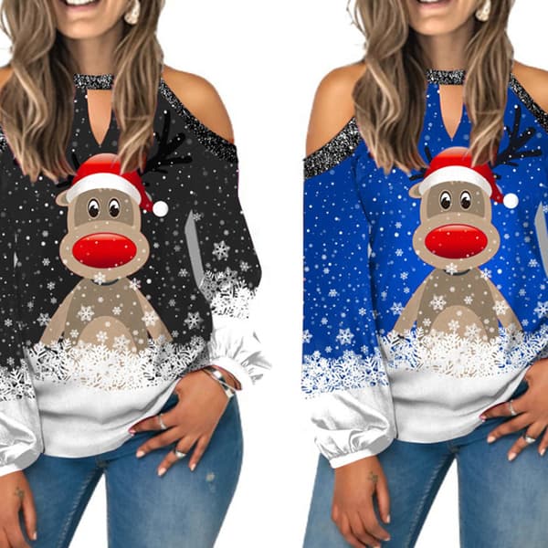 Ny langærmet V-hals bluse med print til kvinder Red 4XL