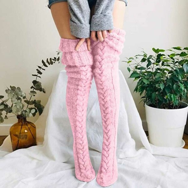 Varma Stickade Knästrumpor Höga Strumpor Thigh High Rosa rosa pink