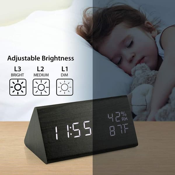 Vekkerklokke i tre, smart LED digital klokke for soverom/skrivebord, U