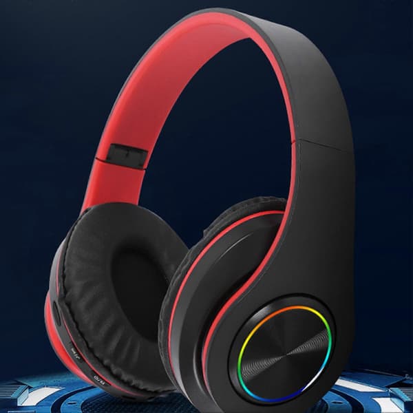 Bluetooth-headset med RGB-ljus, djup bas, brusreducering, bekvämt, vattentätt, hopfällbart trådlöst spelheadset, svart rött