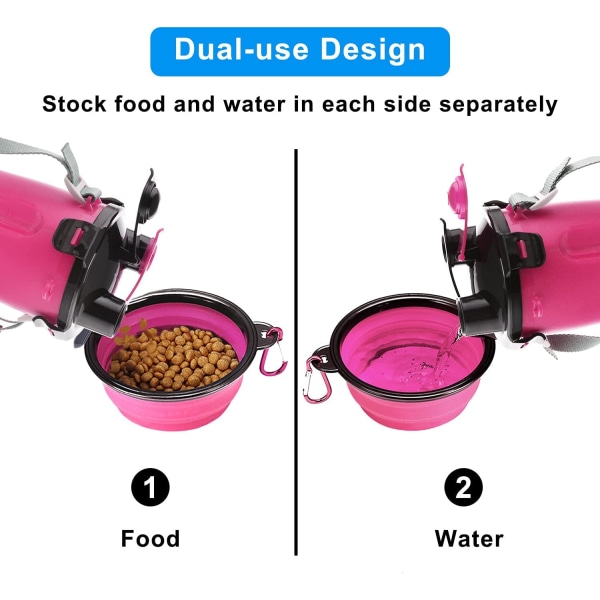 Hundvattenflaska med 2 hopfällbara skålar Bärbar 2 i 1 reseflaska (rosa)
