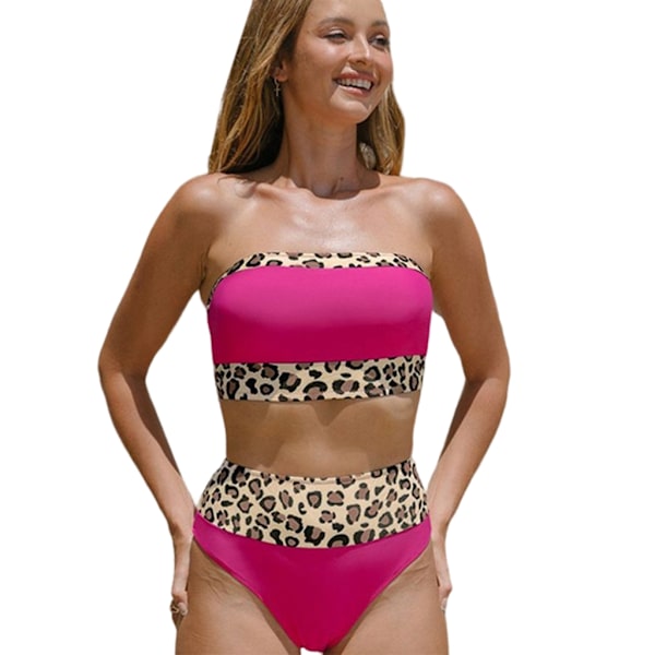 Dampatchwork Leoparbaddräkt Tvådelad baddräkt agkontroll Baddräkt med hög midja Bikinis för semesterstrand Rose Red M