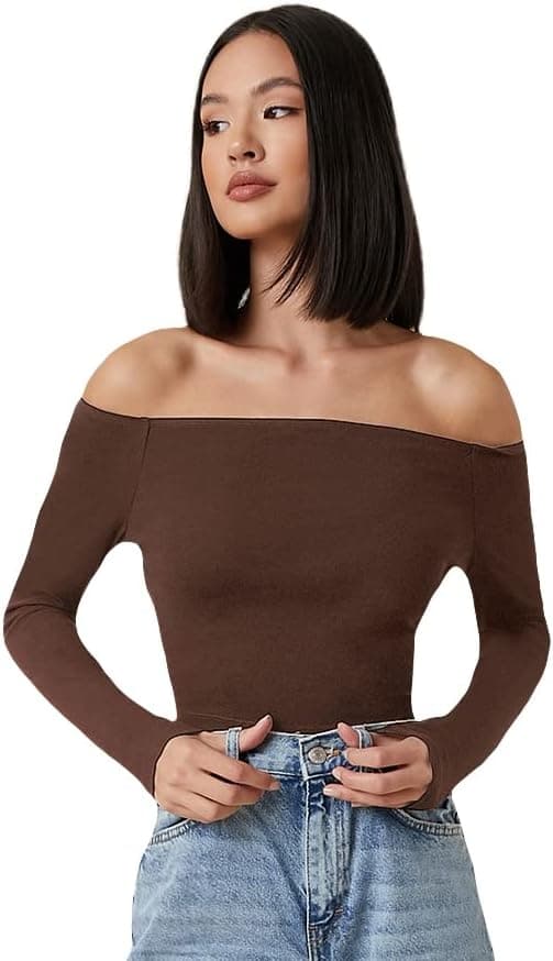 Basic långärmad, off Shoulder-monterad Crop Tee Top för kvinnor