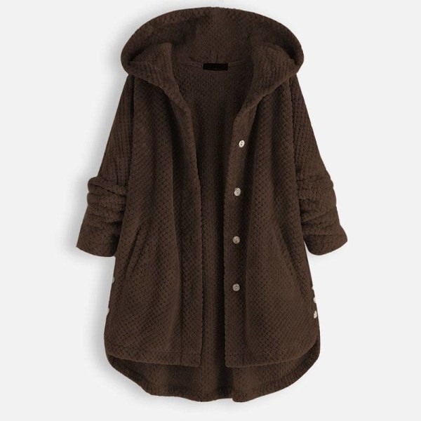 Dame Dobbelt Varm Hætte Frakke Lang Pels Cardigan Overtøj Jakke Coffee 2XL