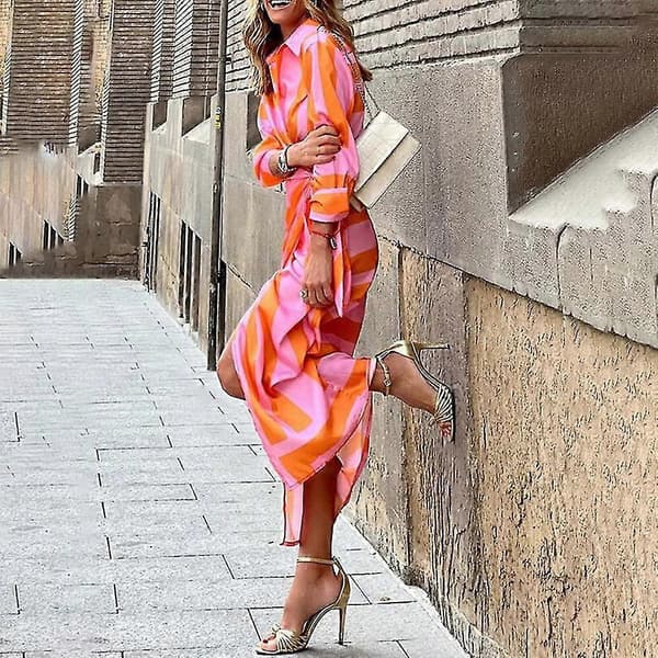 Kvinnor Plus Size Långärmad Tryckt Slag Slips Skjorta Omlottklänning Midiklänning (Orange och Rosa M)