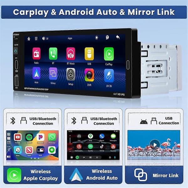 6,9 tommer trådløs Carplay bilstereo enkelt DIN touchscreen bilradio, Android Auto Bluetooth Mirror Link FM mikrofon SWC