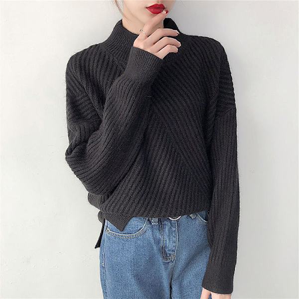 Dame piger Strikket trøje Halv turtleneck Løs skjorte med rund hals Yellow 58*105*45cm