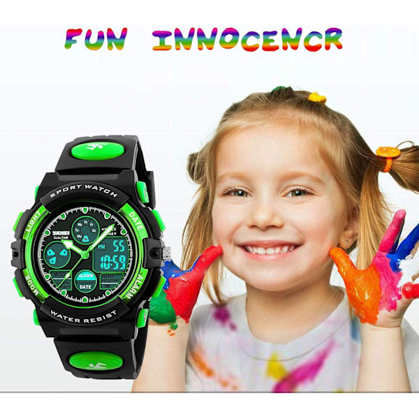 Digital watch för barn, vattentät watch för pojkar och flickor, elektronisk analog watch med larmstoppur (grön)