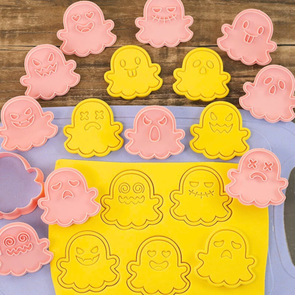 Ghost Cookie Cutter Set - 10 delar plaststämpel för Halloween bakning
