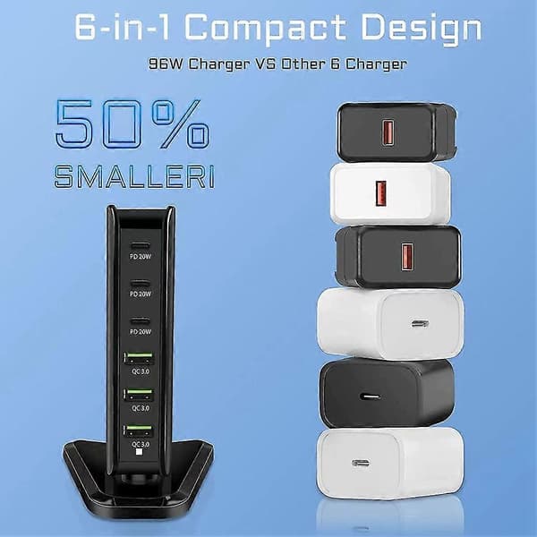 6-porters USB C-ladestasjon, multi-porter med 3 USB-C+3 USB-A, bærbar hurtigladerhub for , 14, U