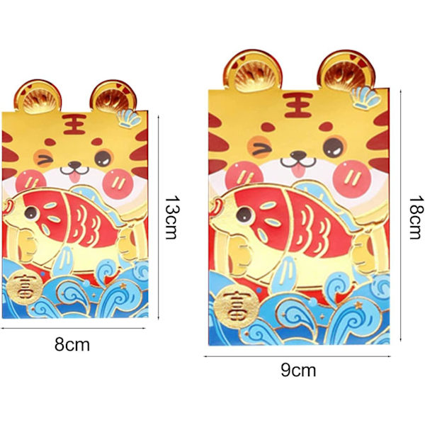 Kinesiska röda kuvert Hongbao 6 st Lucky Money Kuvert, Röd Pocket Tecknad Tiger Mönster Fickkuvert för nyår Bröllop A Large