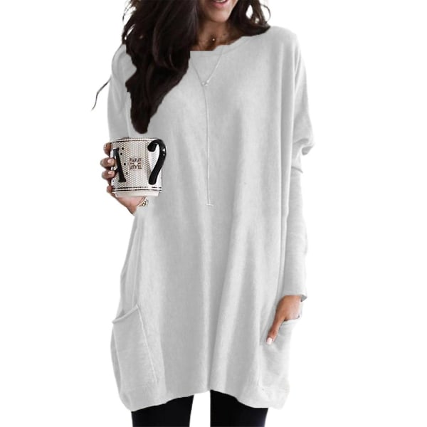 Kvinder Almindelig Langærmet Oversize T-shirtkjole med Rund Hals, Baggy Tunika Lange Toppe Plus Size White 4XL