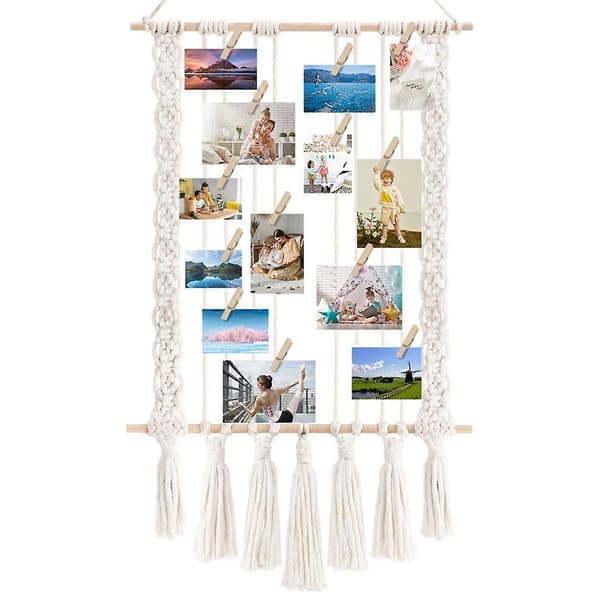 Hengende bildevisning med 30 treklemmer Makrame Vegghengende Bildeholder Collage Bilderamme for Boho-dekor