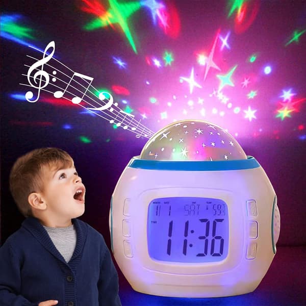 LED-musiikkitähtiprojektioherätyskello kalenterilämpömittarilla