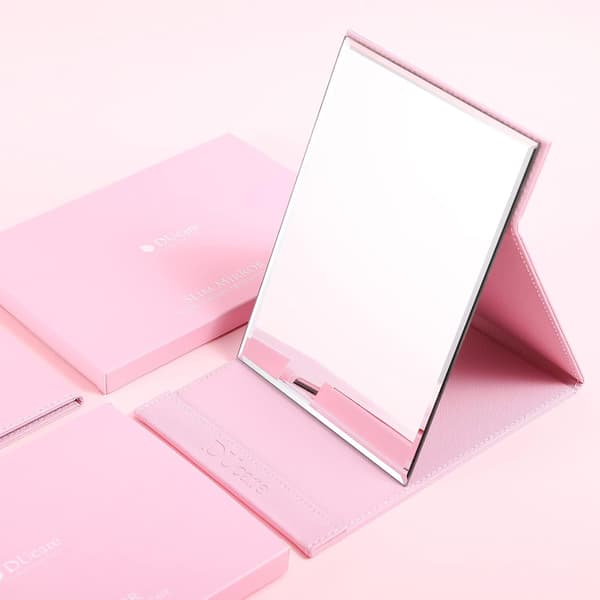 Bærbar foldbar makeupspejl med stativ, pink
