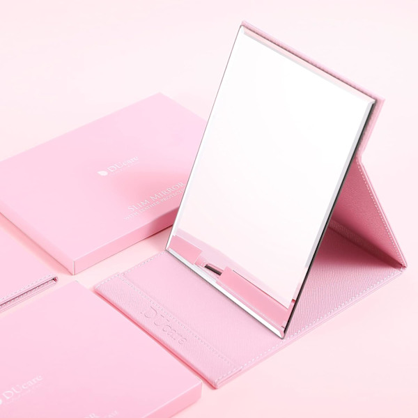 Bärbar hopfällbar sminkspegel med stativ, rosa