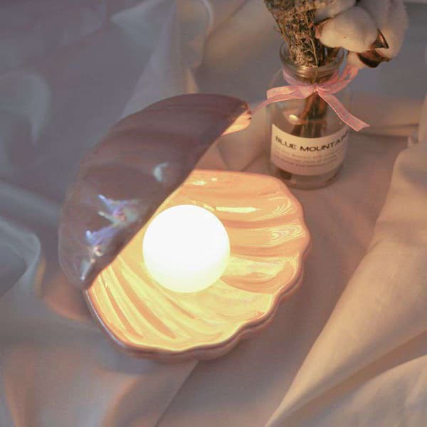 Shell Pearl Night Light Smycken Förvaring Keramiskt Sängbord Des