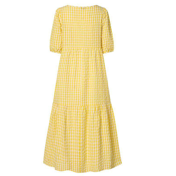 Dame sommerplaid Puffy kortærmet midikjole Yellow,XL