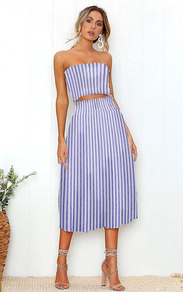 Blomstret bluse til kvinder, Maxinederdel kostumekjole Blue Striped X-Large