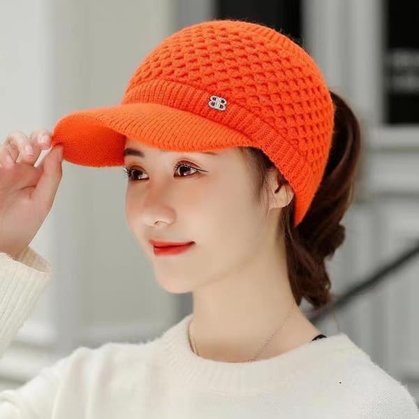 Stickad mössa Tom topp plyschfoder Casual Toppad Stretchig Håll dig varm Enfärgad Höst Vinter Dam Cap för utomhusbruk Orange