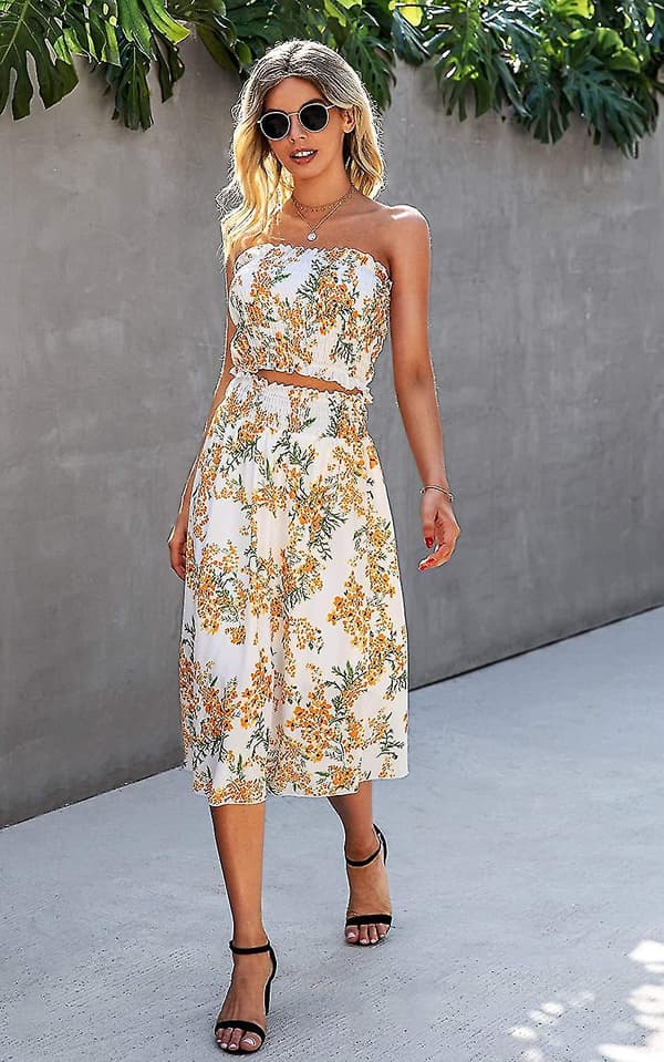 Blomstret bluse til kvinder, Maxinederdel kostumekjole Yellow Small