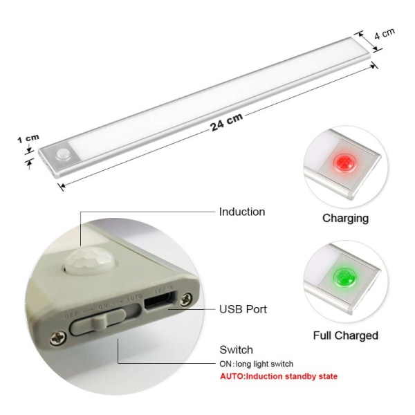 LED människokroppsinduktion Skåpljus USB uppladdningsbar nattlampa för garderob  cm 24