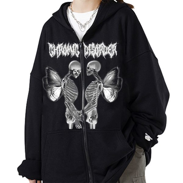 Dame Skjelett Zip Up Hettegensere Rhinestone Oversized Genser L
