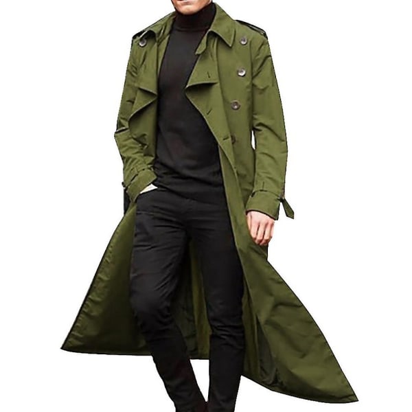 Män Lång Trench Coat Lapel Overcoat Jacka Green XL