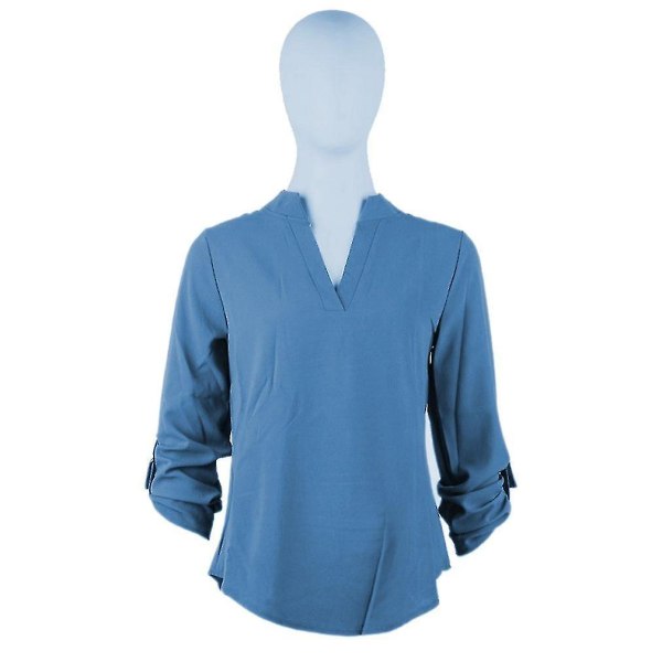 Stretchig kvinnor V-hals solid chiffong blus dam långärmad blusskjorta