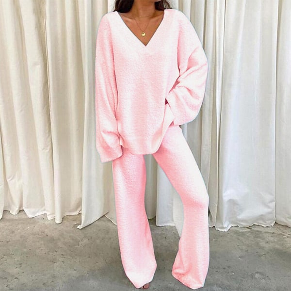 Todelt sæt med brede ben til damer Polar Fleece V-hals Loungesæt Pink XL