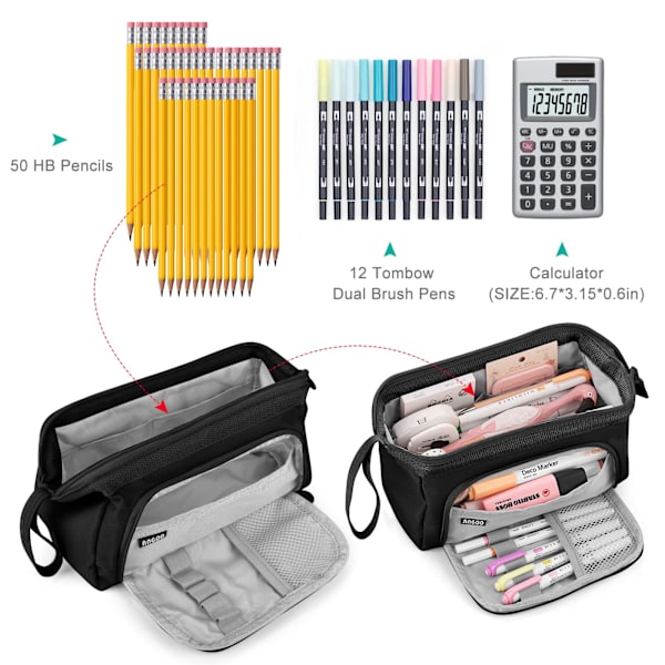 Stora pennfodral Dragkedja Skrivpapper Organizer Duarable Svart