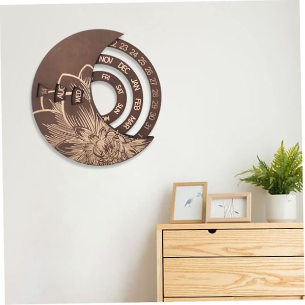 Wooden Wall Calendar Round Moon Perpetual Calendar Adjustable Wall Calendar (brown)(1pc