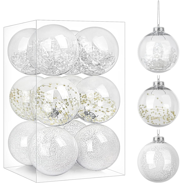 80MM/3,15\" klare julekuler pyntegjenstander, 12 stk splintsikker plast