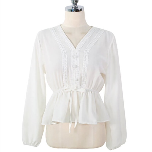 V-ringad Vit blus Dam Sashes Damkläder 2021 Höst Spets White XL
