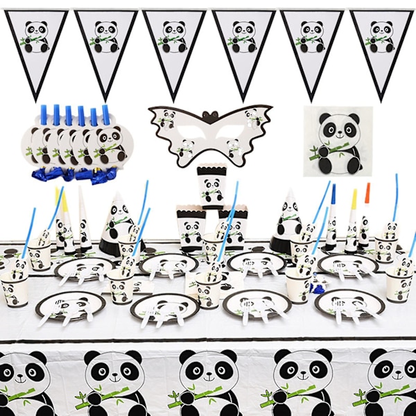 1 set Levande utseende Miljövänligt festbestick Panda-tema Papperskopp Tallrik Halmhatt Bordsartiklar Dekor Festtillbehör