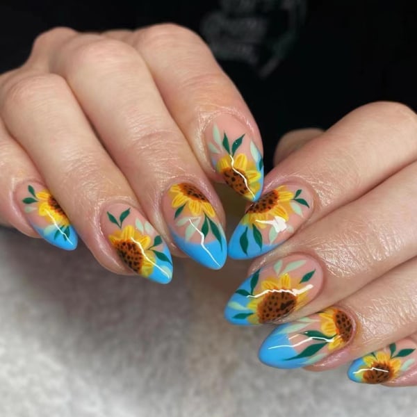Mandel negl rund hoved sommer ny solsikke blomst bære negl hot pige sød bærbar manicure