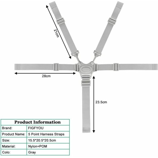 5-punkts säkerhetsbälte för barnstol Grå fempunktssele Barnvagnsbälte Baby Universal barnbarnstol Barnvagnssäkerhetsbälte，HANBING