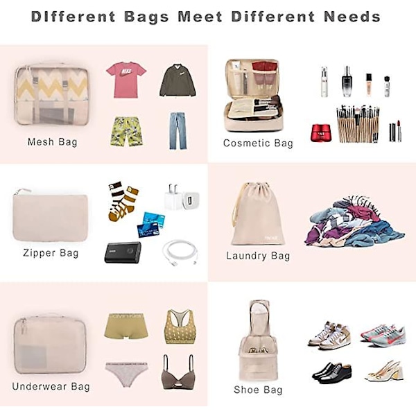 9 set packningskuber Bagagepackningsorganisatorer för resetillbehör beige