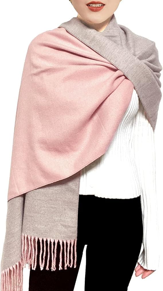 (ROSA+GRÅ) Kasjmirmyk skjerf for kvinner, vendbar pashmina, lang