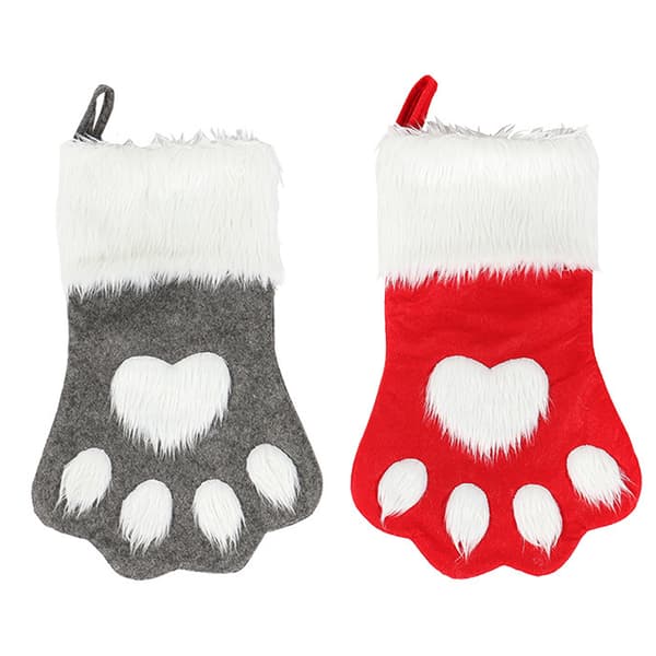Hundkatt julstrumpor, plysch hängstrumpor, grå+röd