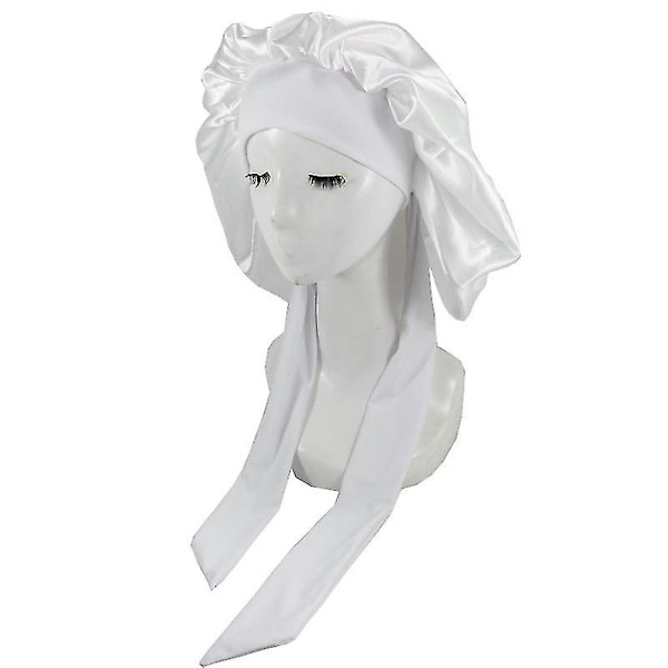Silke Bonnet Satin Bonnet Til Søvn Bonnet Med Bånd Nat Hætte white