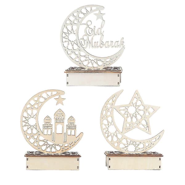 3 stk Eid Mubarak skrivebordsdekorasjon hul tre DIY LED-tilbehør Ramadan festivaldekorasjon til hjemmet (uten batteri, tre mønstre)