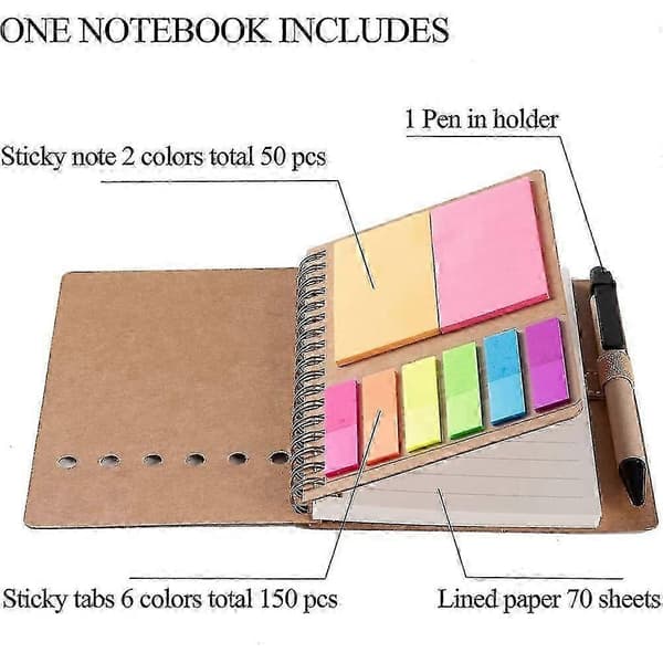 3 pakker spiralnotesblokke, steno-blokke med linjeret notesblok med pen i holder, sticky notes, sidemarkørfarve